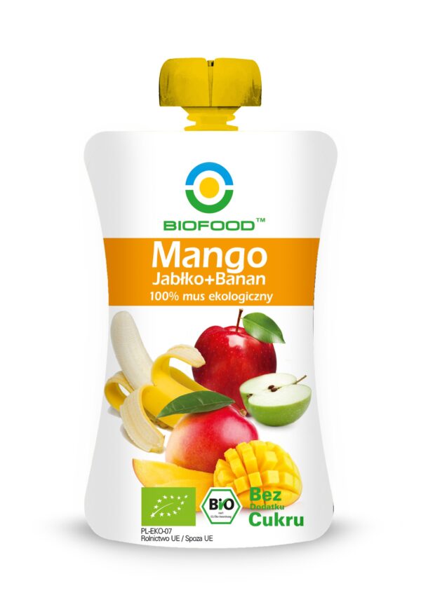 Mus Mango - Bananowo - Jabłkowy Bezglutenowy BIO 90g BIOFOOD do wyciskania z saszetki z nakrętką