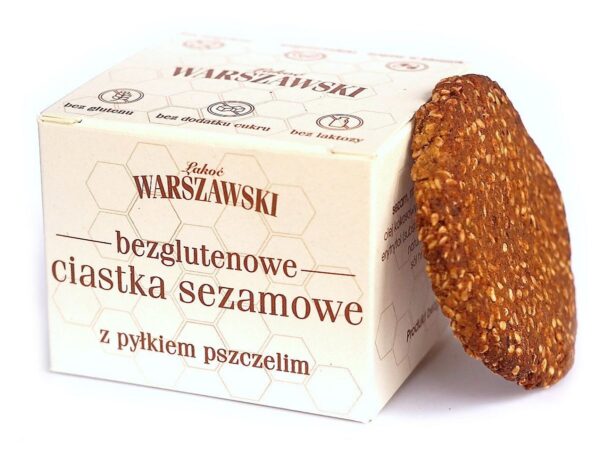 Ciastka Sezamowe z Pyłkiem Pszczelim Bezglutenowe 150g Baton Warszawski w kartonowym pudełku.